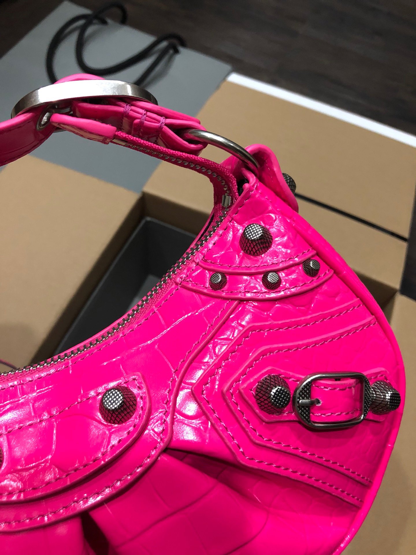 Balenciaga Le Cagole Shoulder Bag XS Crocodile Embossed Pink