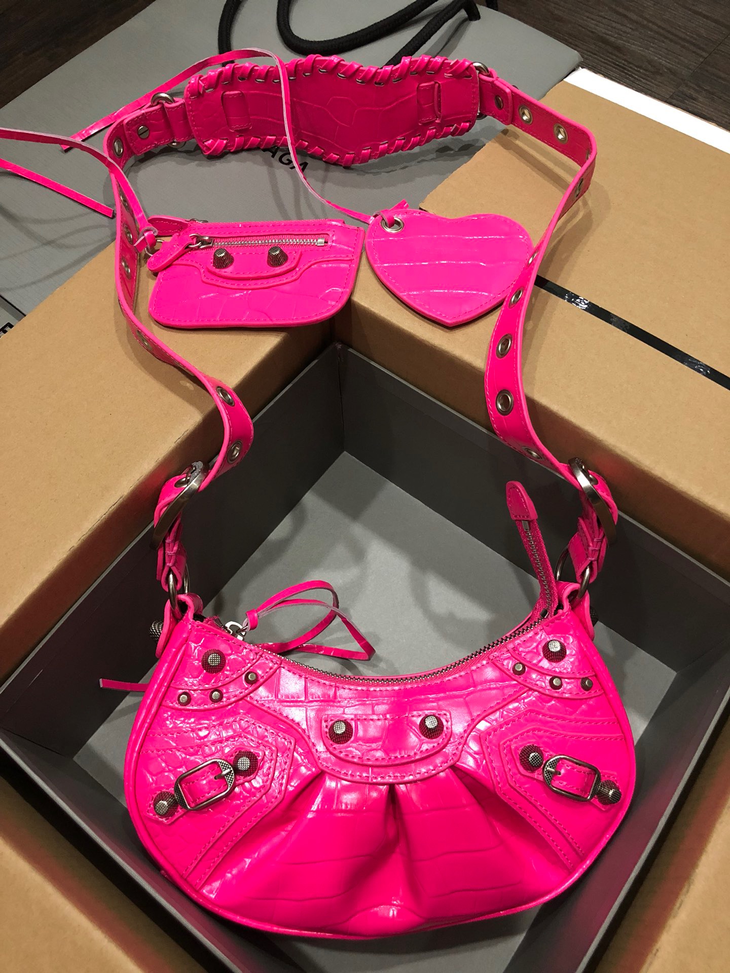 Balenciaga Le Cagole Shoulder Bag XS Crocodile Embossed Pink