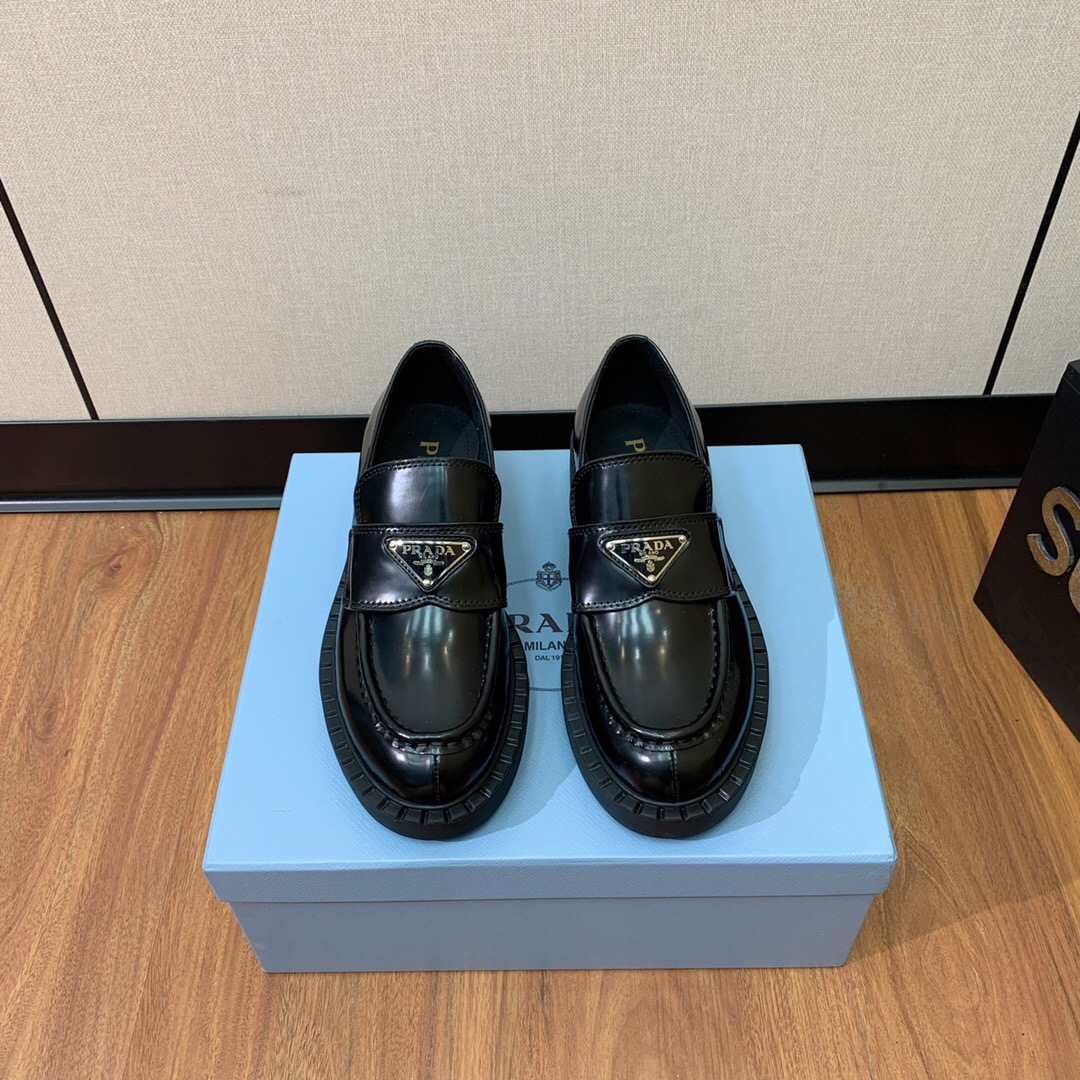 PRADA Women’s Black Brushed Leather Loafers
